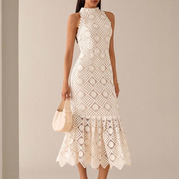 Dresses & Skirts - Apricot Elegant Women's Sleeveless Crochet Lace Midi Dress